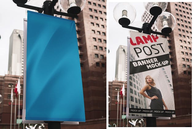 城市广告牌灯柱垂直Banner样机 Vertical City Banner Mock-Up插图(1)