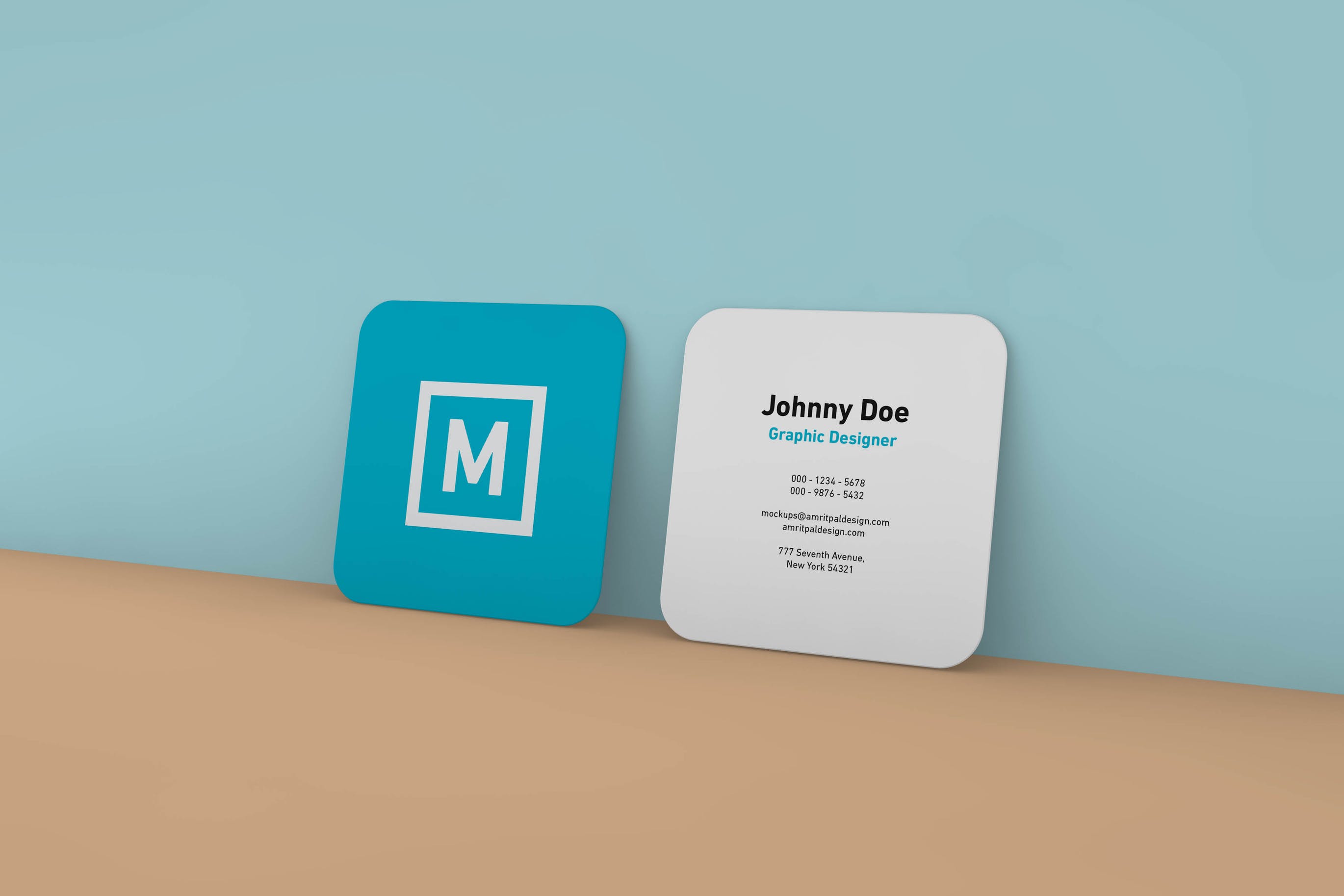 圆角正方形名片设计效果图素材库精选模板 Rounded Square Business Card Wall Mockup插图