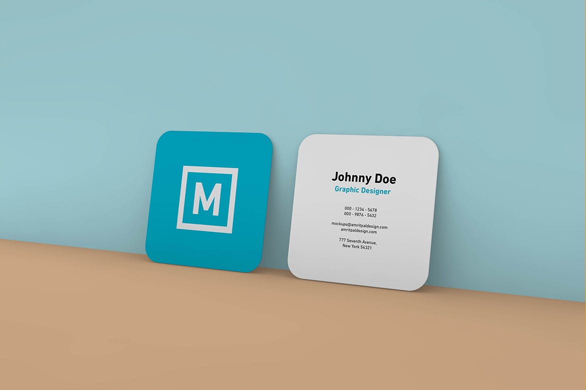 圆角正方形名片设计效果图素材库精选模板 Rounded Square Business Card Wall Mockup插图(1)
