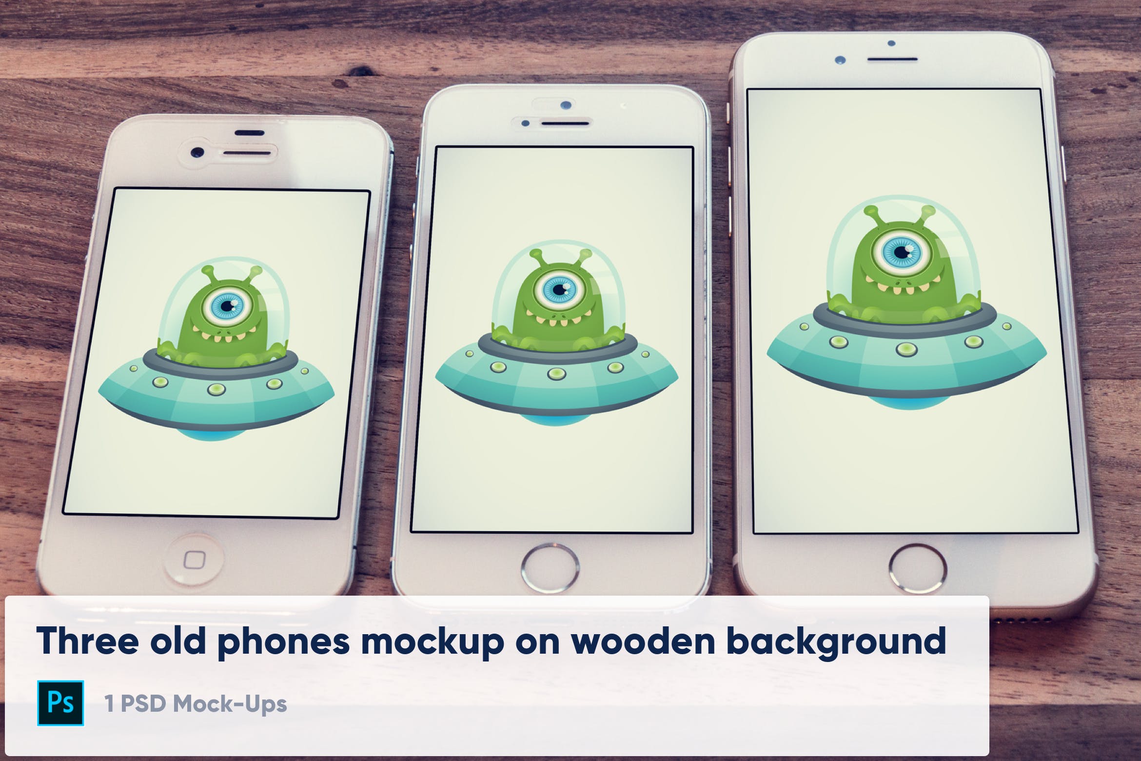 经典实体按键版本iPhone手机屏幕演示素材库精选样机 3 old phones mockup on wooden background插图