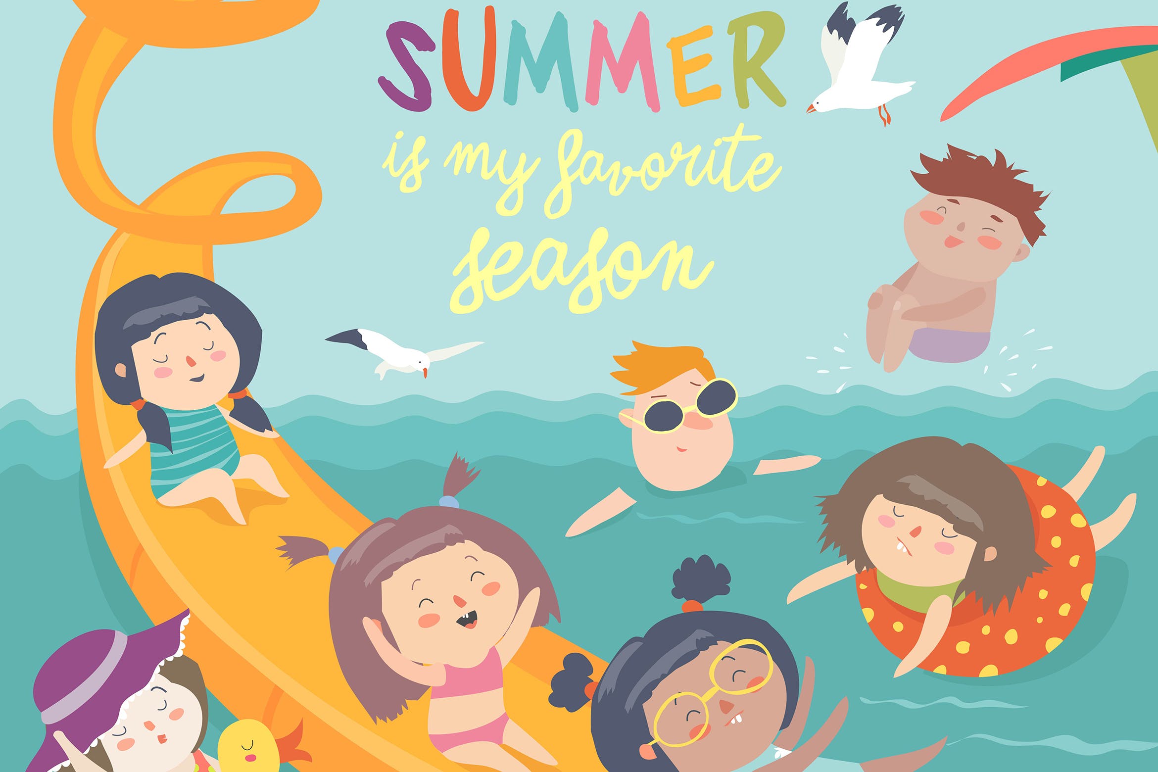 儿童水水乐园主题矢量插画素材 Vector design of kids playing waterpark插图