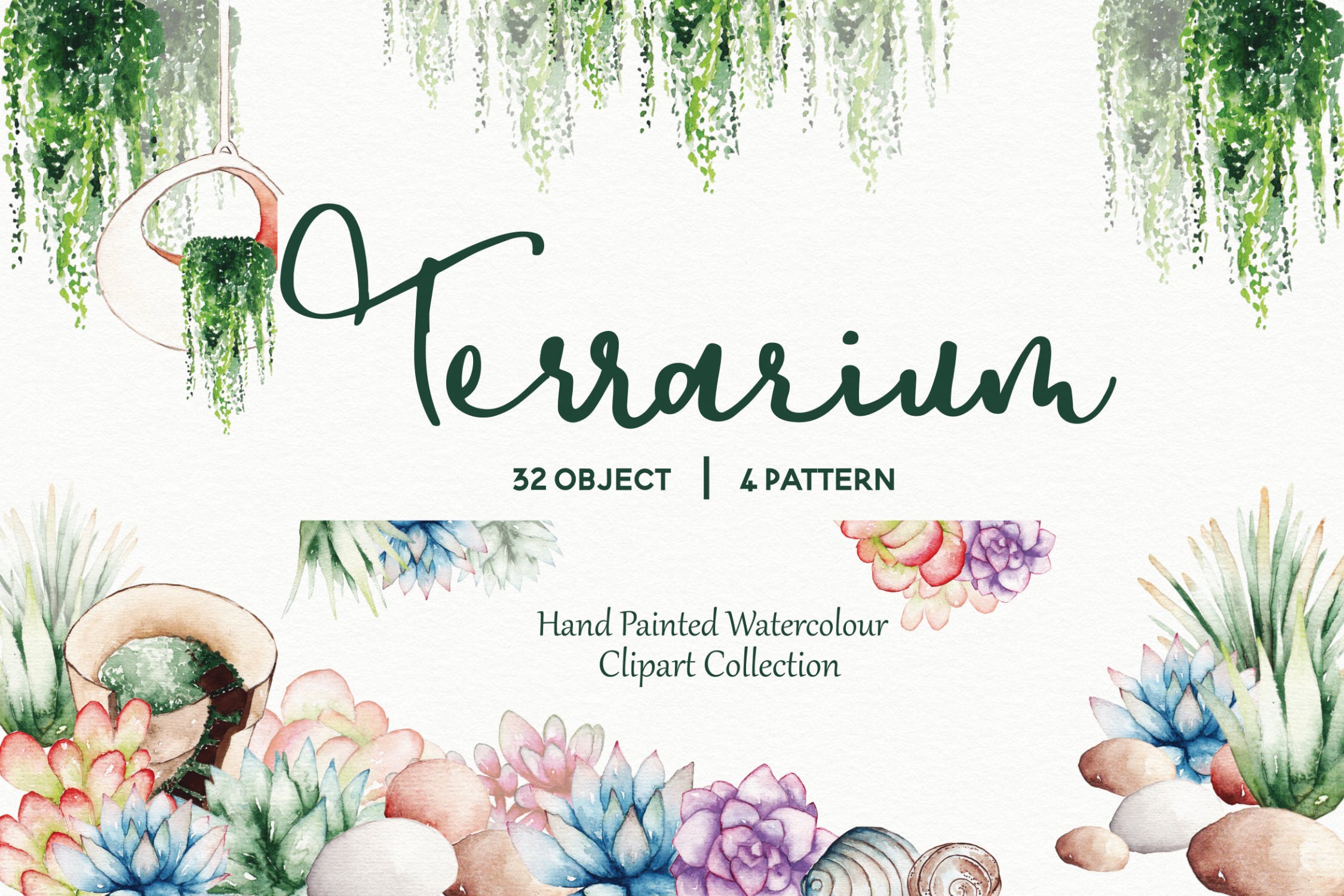 多肉植物水彩手绘图案PNG图片素材 Succulent Terrarium Watercolor插图
