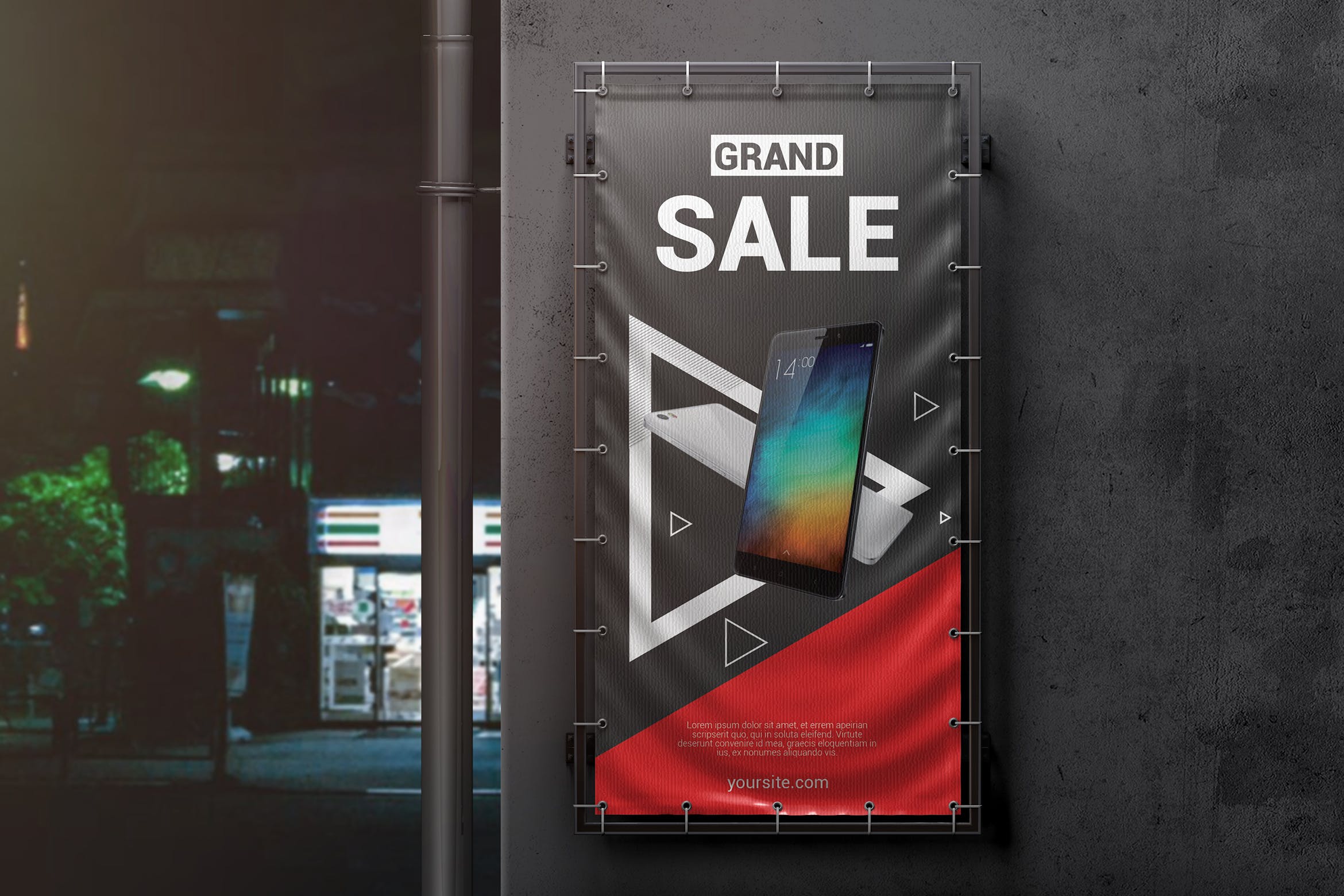 垂直户外广告横幅设计图样机模板 Vertical Outdoor Advertising Banner Mockup插图