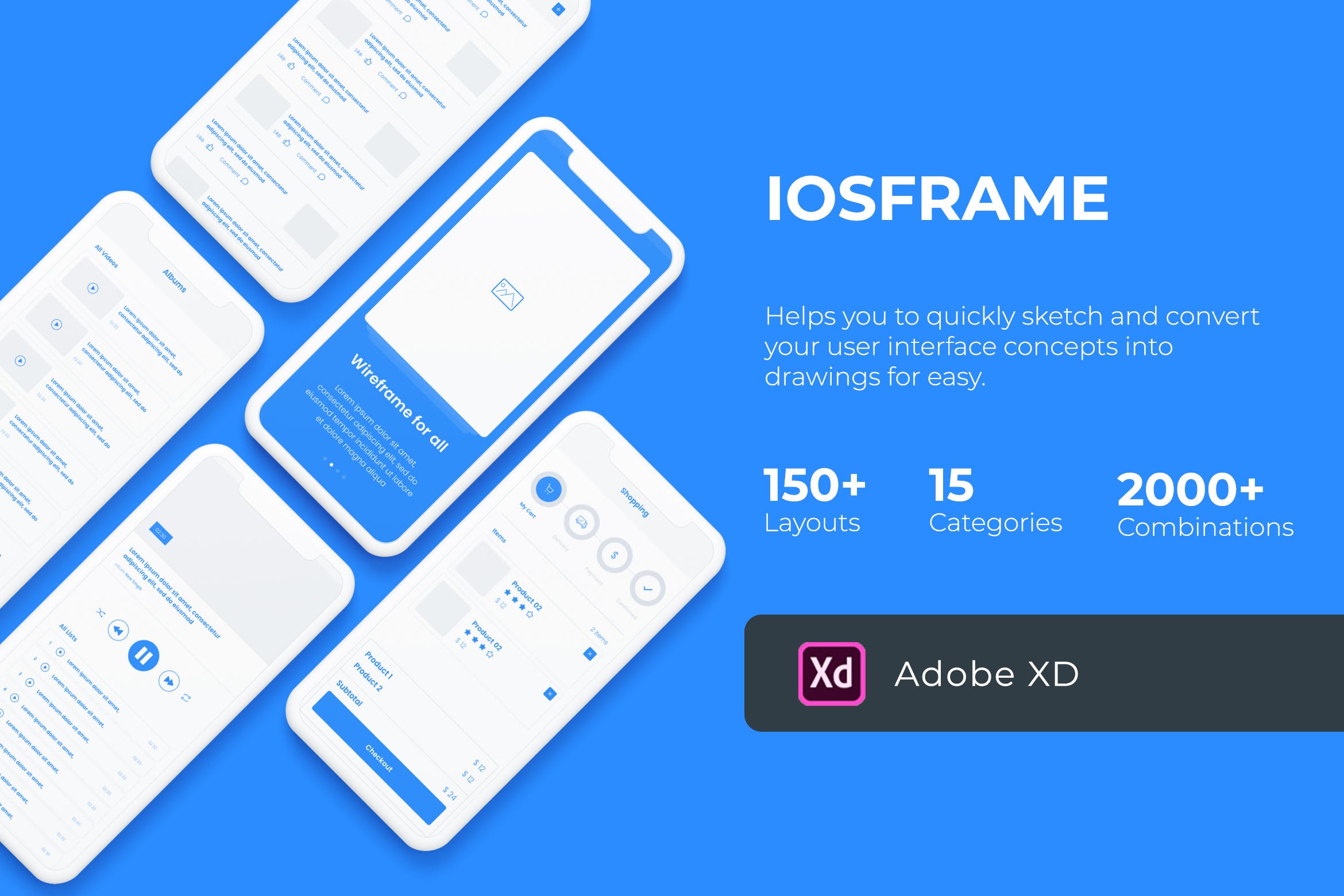 150+iOS平台APP应用界面设计线框图XD素材 iOS Wireframe Mobile UIT KIT – XD Version插图
