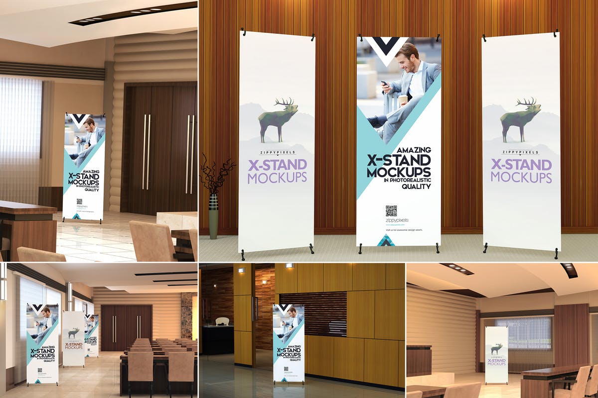 易拉宝展架广告Banner样机模板 Realistic X-Banner Mockups插图