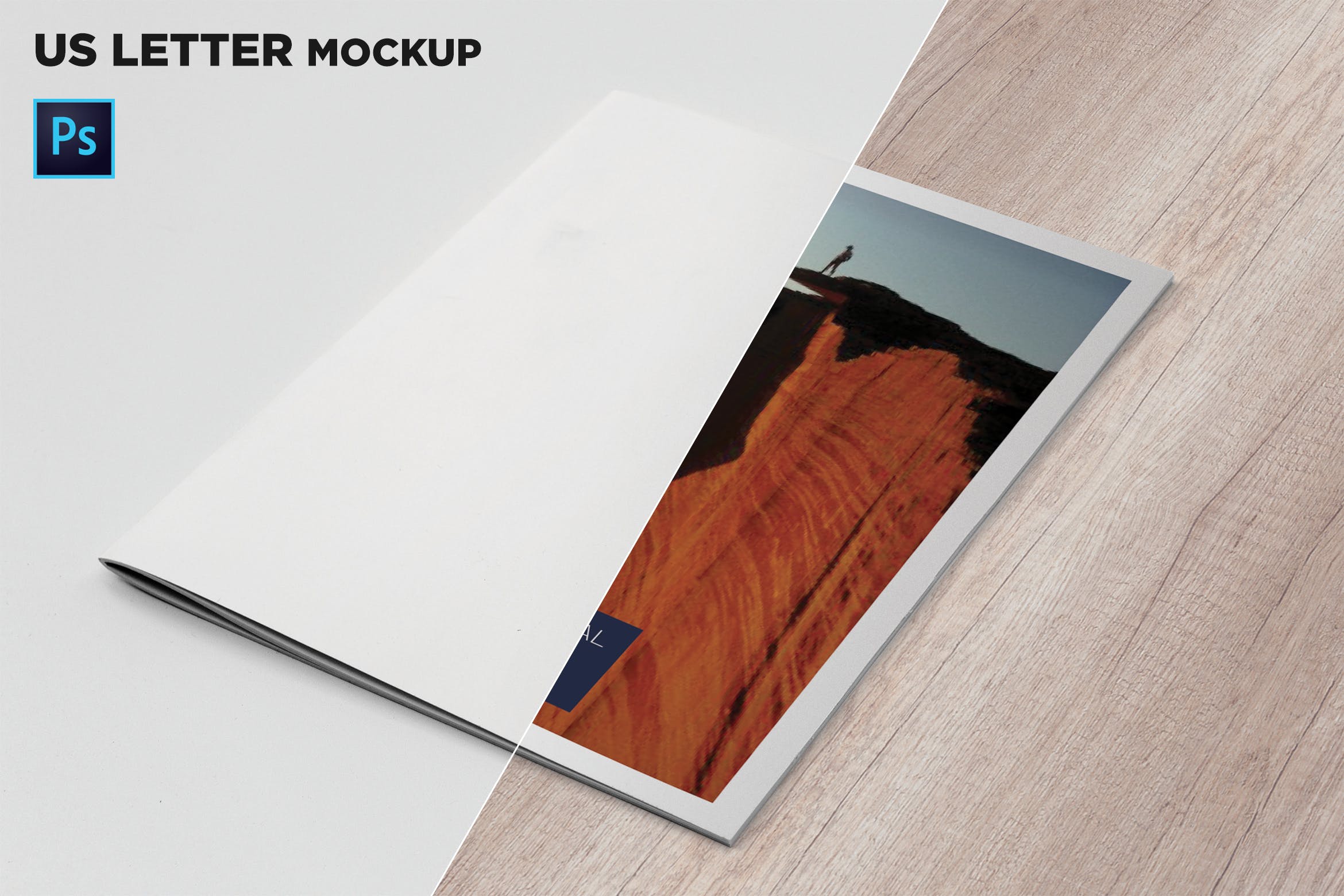 45度角视觉美国信纸规格宣传册封面效果图样机素材库精选 US Letter Cover Brochure Mockup 45 Degree插图