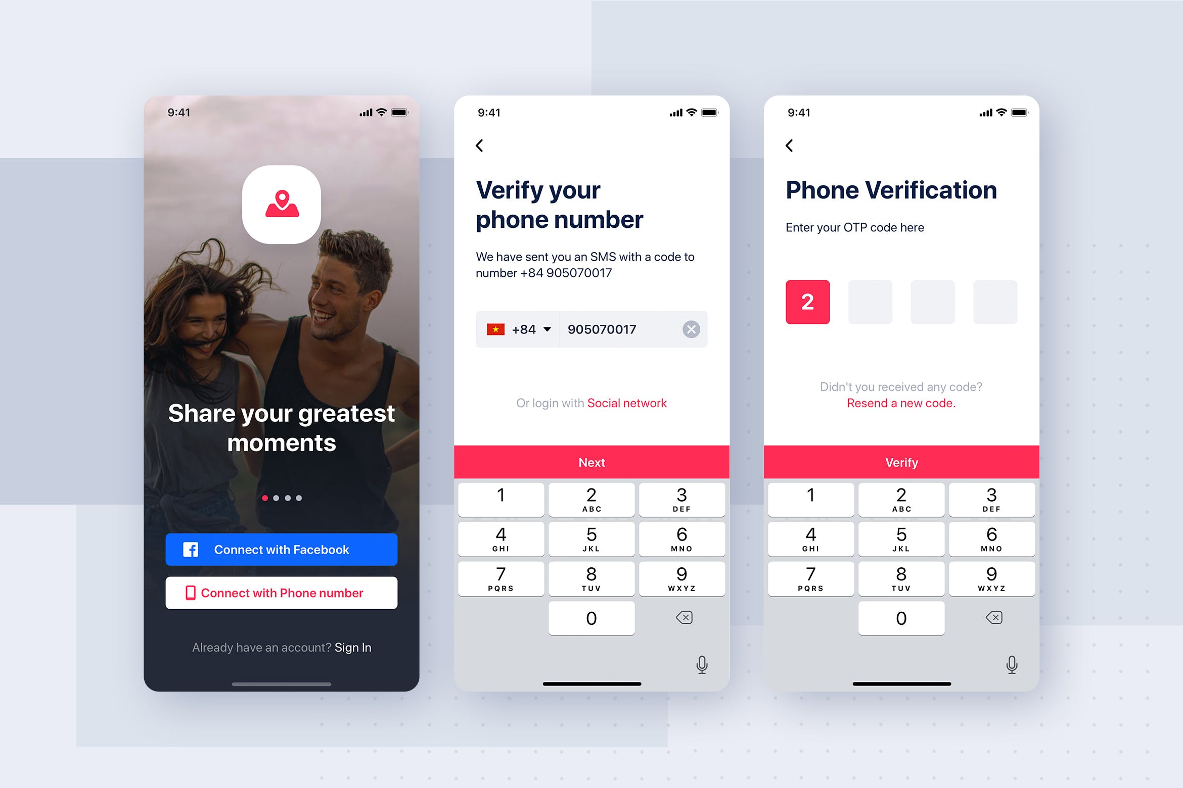 社交APP短信验证注册界面UI设计模板 Social mobile app UI template插图