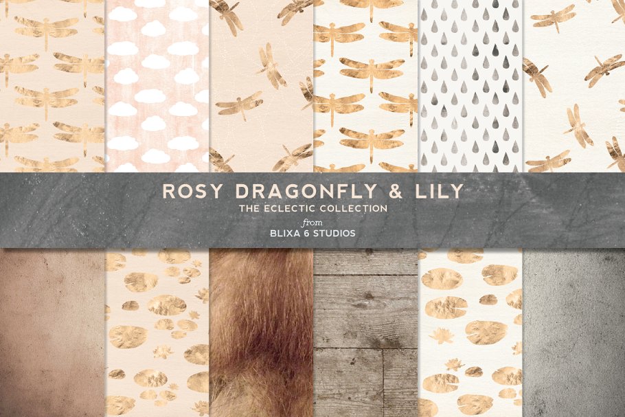 金色蜻蜓图案及装饰纹理 Golden Dragonfly Patterns & Textures插图