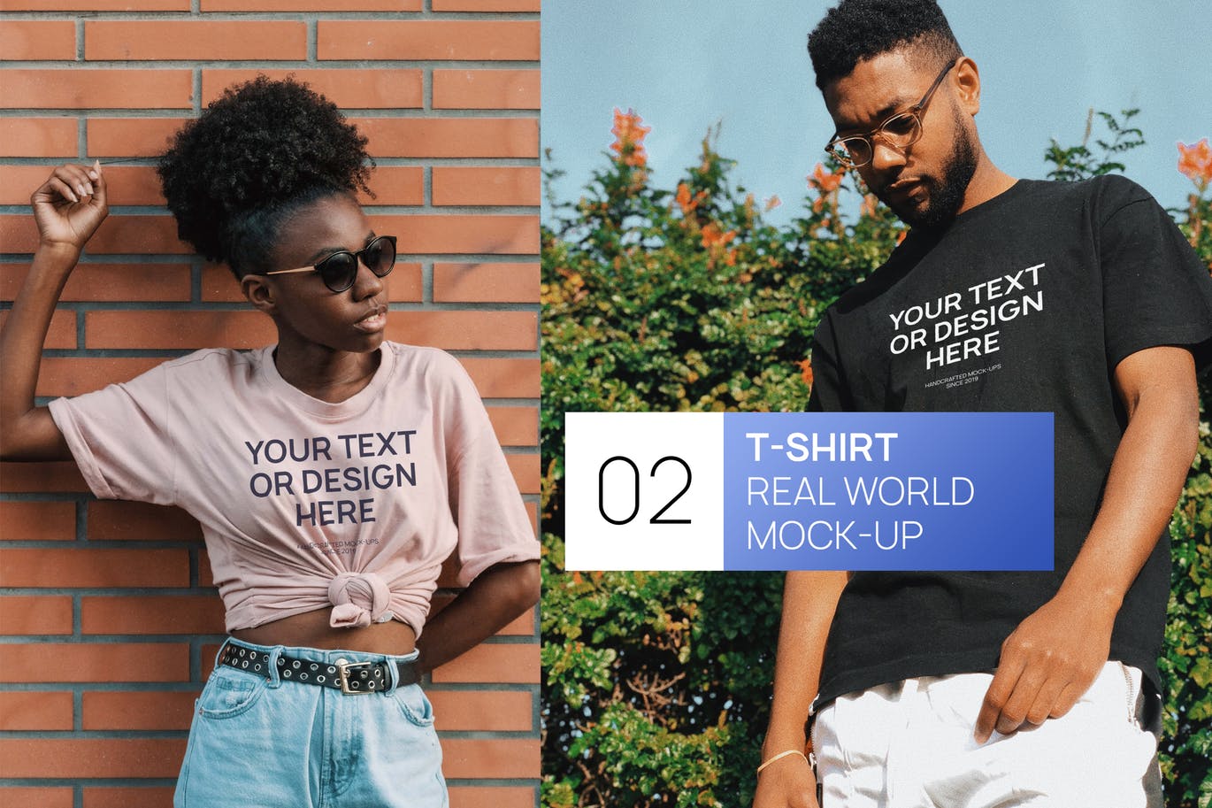 经典情侣黑白T恤印花图样机素材库精选模板 Two Black Persons T-Shirt Real World Photo Mock-up插图