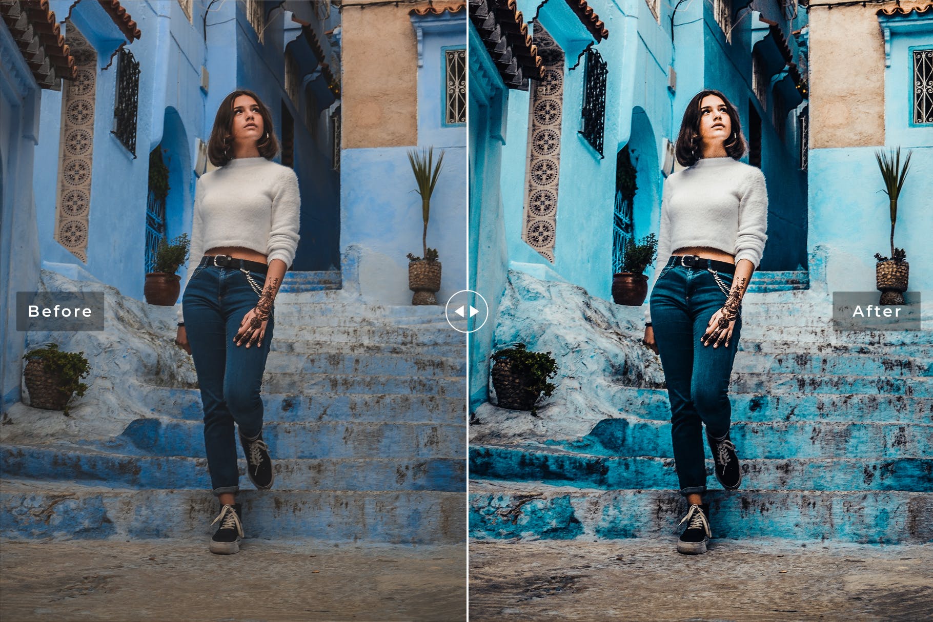 天蓝色调/褪色增强日落照片后期处理素材库精选LR预设 Chefchaouen Mobile & Desktop Lightroom Presets插图(1)