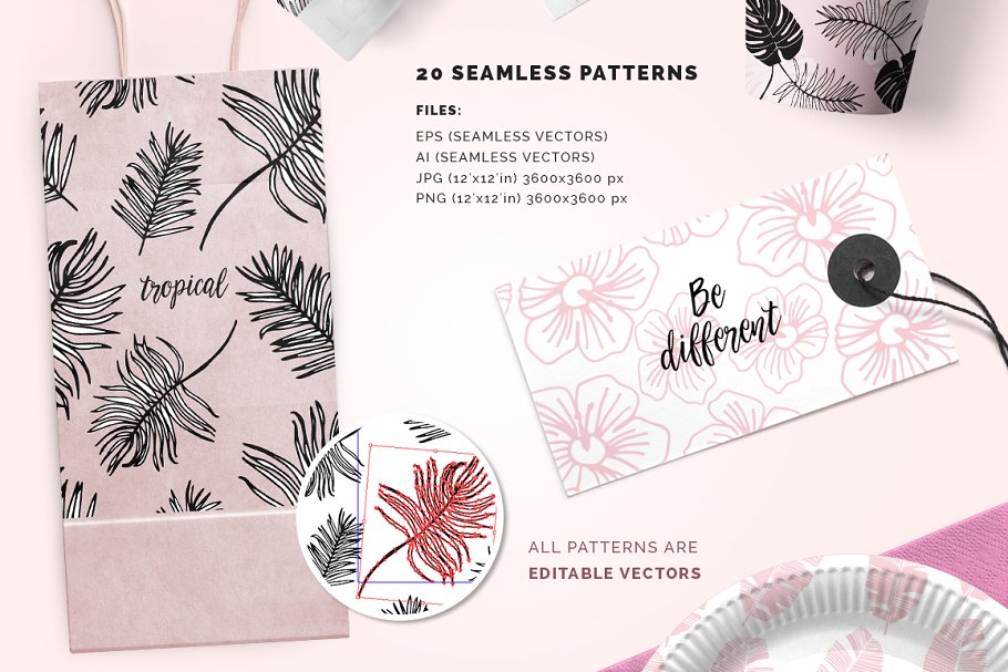 热带树叶手绘矢量纹理合集 Tropical Foliage Vector Patterns插图(1)