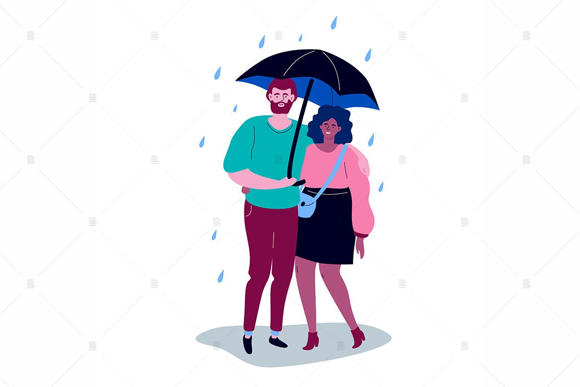 雨中情侣扁平设计风格矢量插画素材库精选素材 Couple on a date – flat design style characters插图(1)