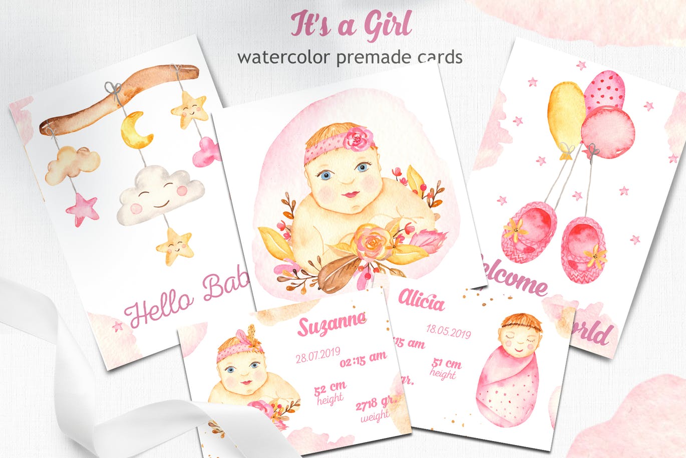 女新生儿婴儿水彩手绘矢量剪贴画/卡片/无缝图案背景素材 It’s a girl watercolor clipart, cards, patterns插图(4)