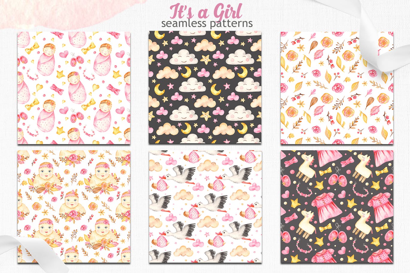 女新生儿婴儿水彩手绘矢量剪贴画/卡片/无缝图案背景素材 It’s a girl watercolor clipart, cards, patterns插图(6)
