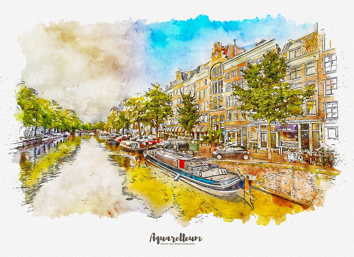 城市风景转水彩&铅笔素描效果PS动作 Aquarelleum – Urban Sketch Photoshop Action插图(1)