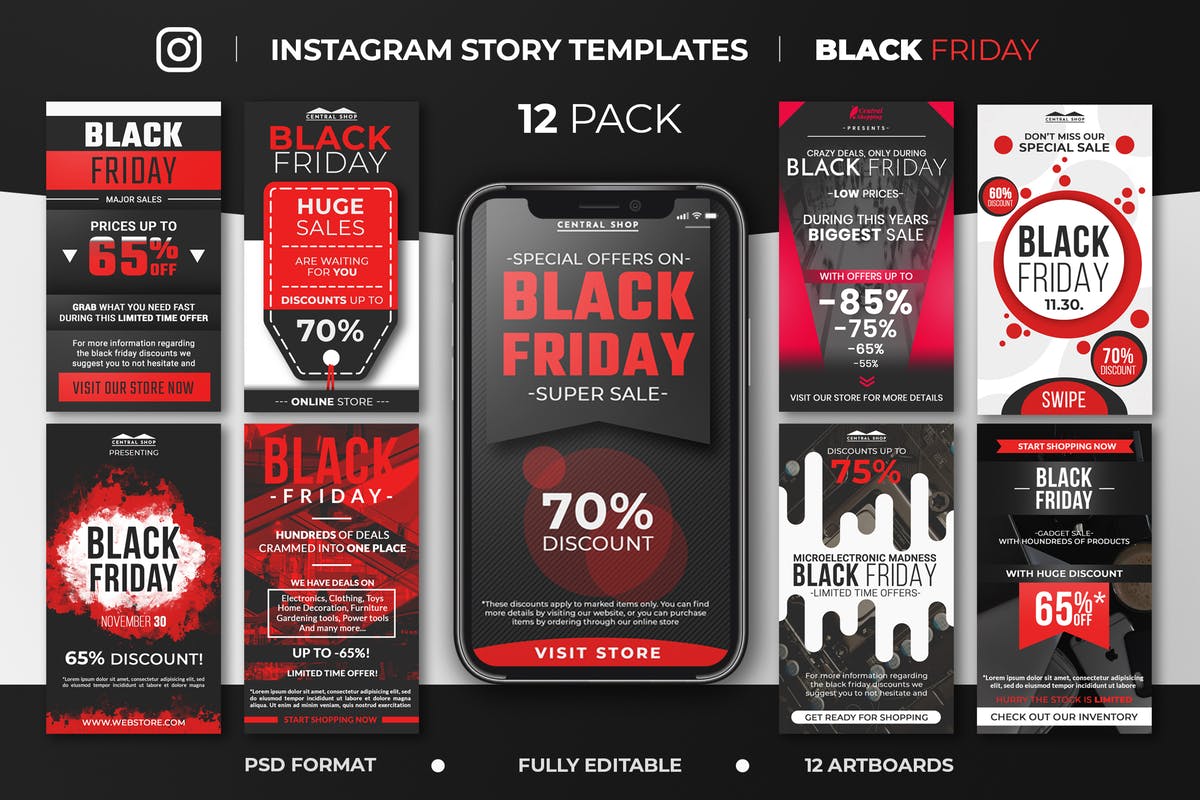 黑色星期五购物节Instagram故事促销广告模板素材库精选v2 Black Friday Instagram Story Feed Templates插图