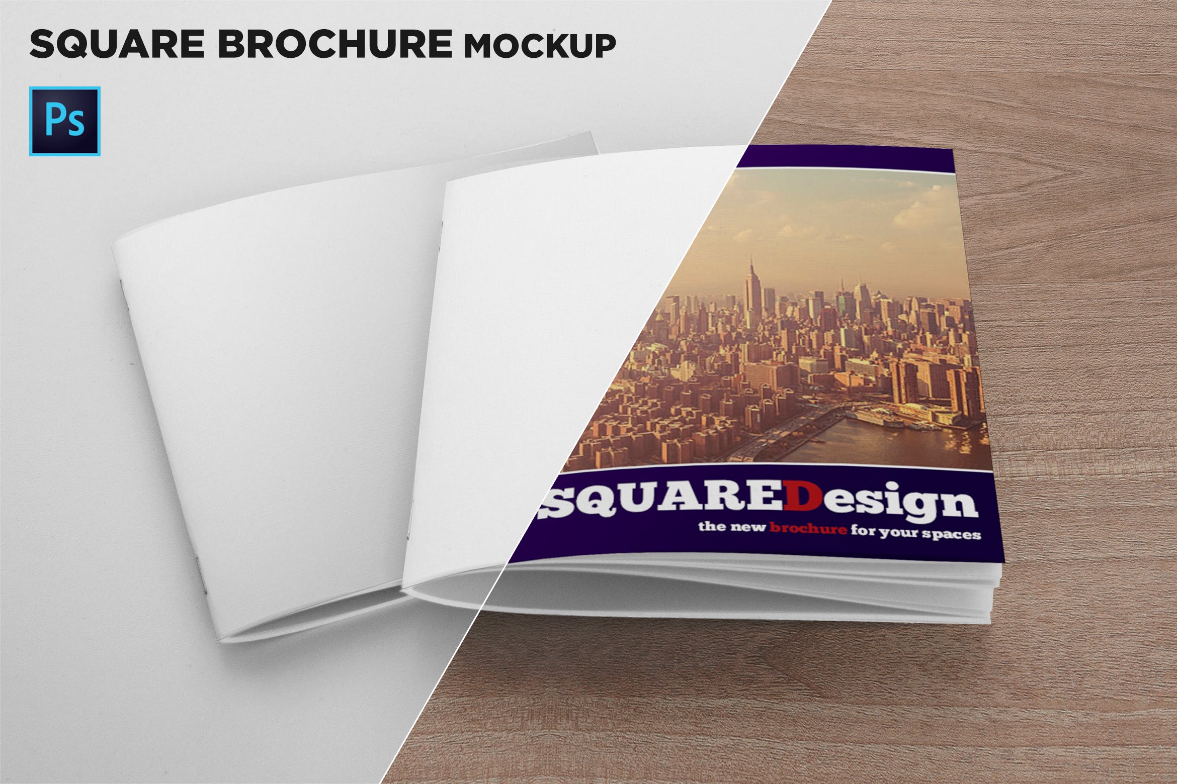 方形画册产品手册叠放效果图样机素材库精选 2 Square Covers Brochure Mockup插图