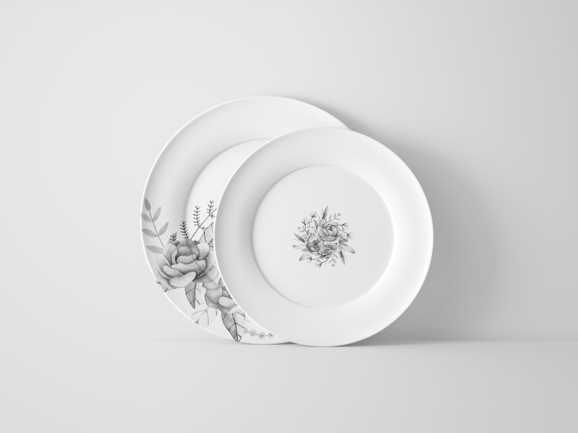 陶瓷碟子印花设计图案预览样机模板 Two Size Plates Mockup Front View插图(1)