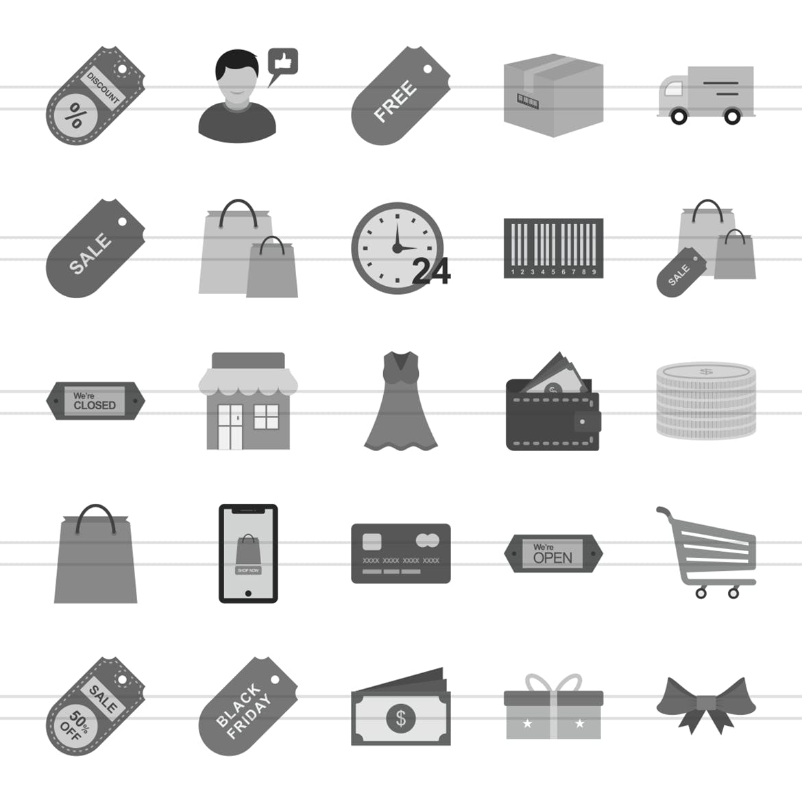 25枚黑色星期五主题矢量灰阶素材库精选图标 25 Black Friday Flat Greyscale Icons插图(1)