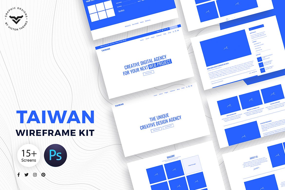 高保真企业官网设计线框图模板素材 Taiwan Web Wireframe Kit插图(1)