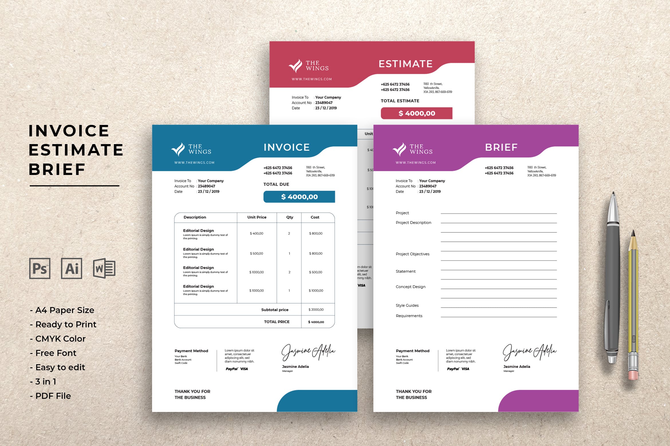 商业发票/预算/报价表单设计模板素材 Invoice Estimate Brief插图
