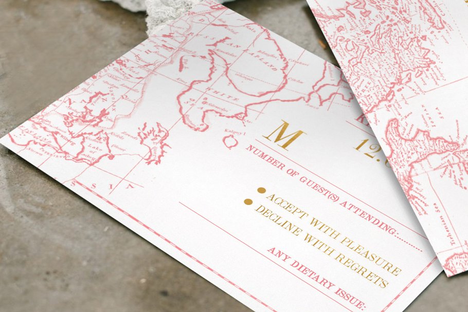 复古地图背景婚礼物料设计模板 Vintage Map Wedding Suite插图(1)