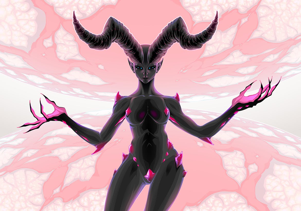 金星&冥王星的女魔素材库精选手绘插画矢量 Female Devil Between Two Planets Venus and Pluto插图(1)