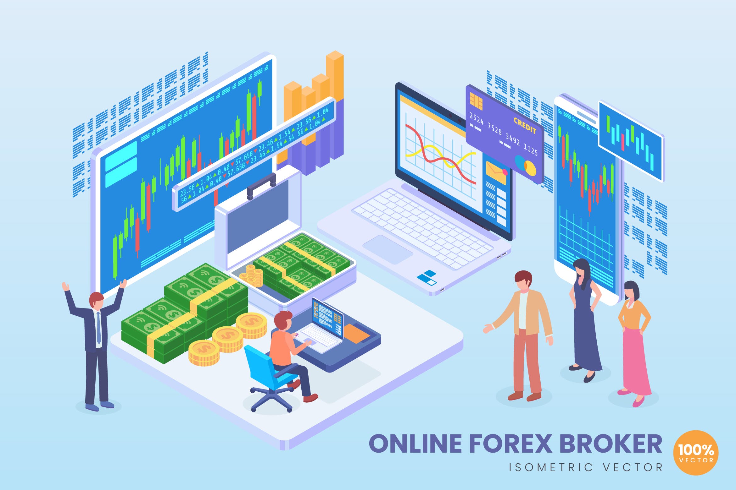 在线外汇经纪人等距矢量素材库精选科技概念插画 Isometric Online Forex Broker Vector Concept插图