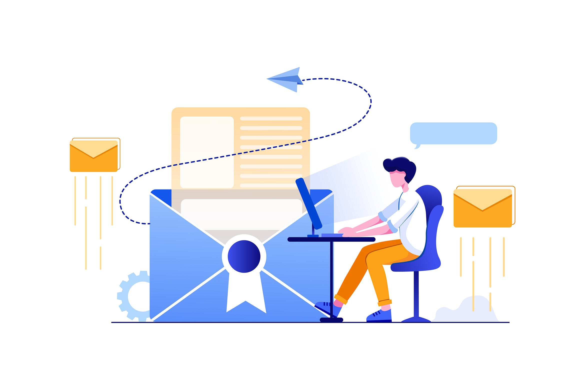 电子邮件营销主题矢量插画素材 The marketer in front of the screen sending email插图