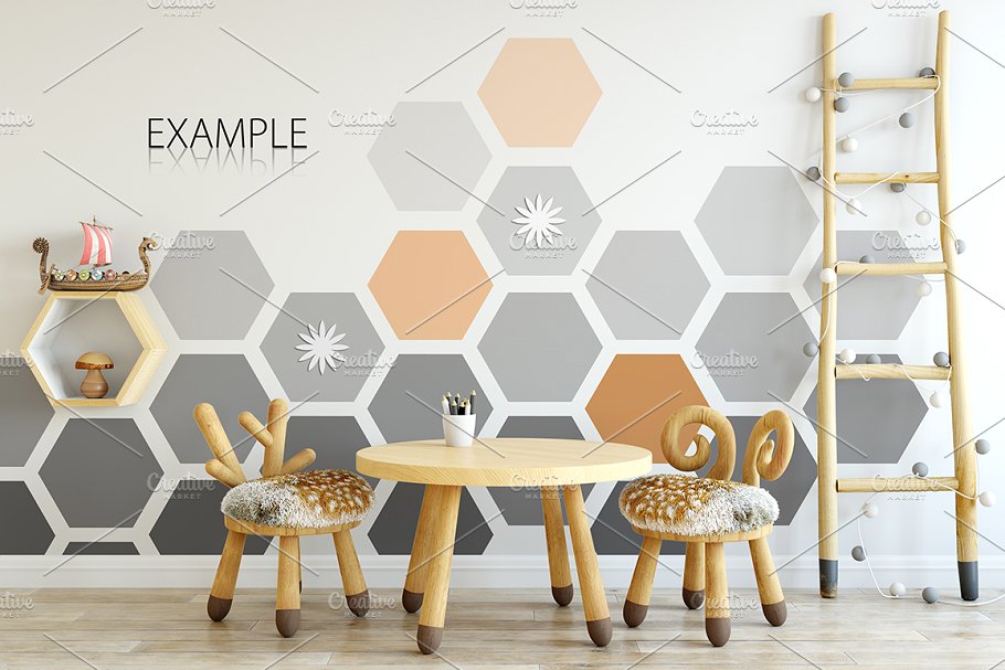 儿童主题卧室墙纸设计&相框样机 Interior KIDS WALL & FRAMES Mockup 2插图(12)