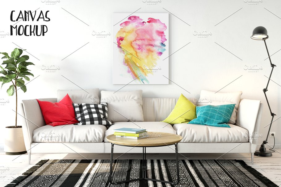 客厅挂墙画框样机02 Interior Canvas Mockup – 02插图