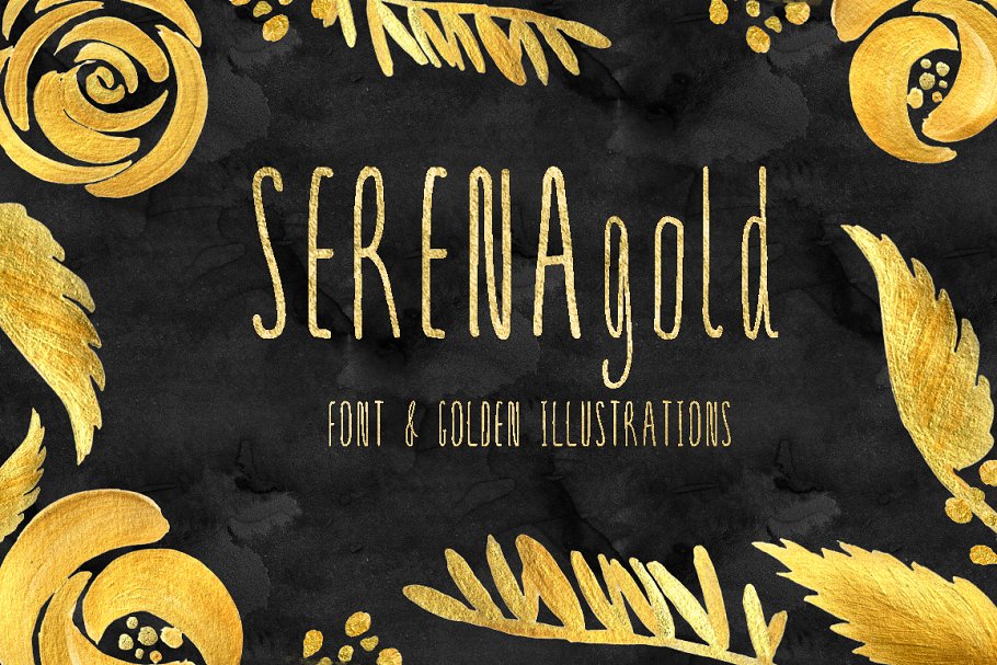 修长手写英文艺术无衬线字体 SERENA gold. Font & golden flowers.插图