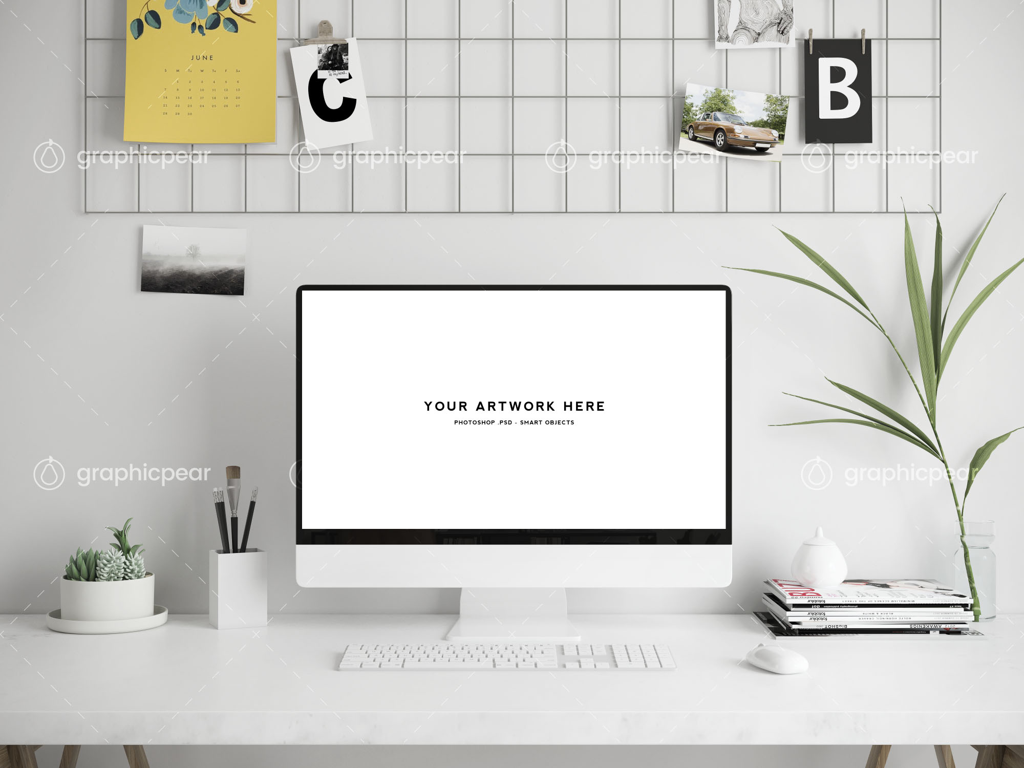 办公桌场景-iMac一体机屏幕演示样机模板 Workspace Scene Mockup – Mac Screen插图