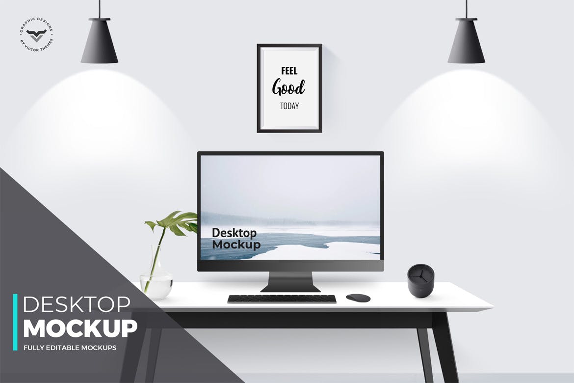 工作室办公桌一体机电脑屏幕预览样机素材库精选 Desktop Mockups with Table插图(1)