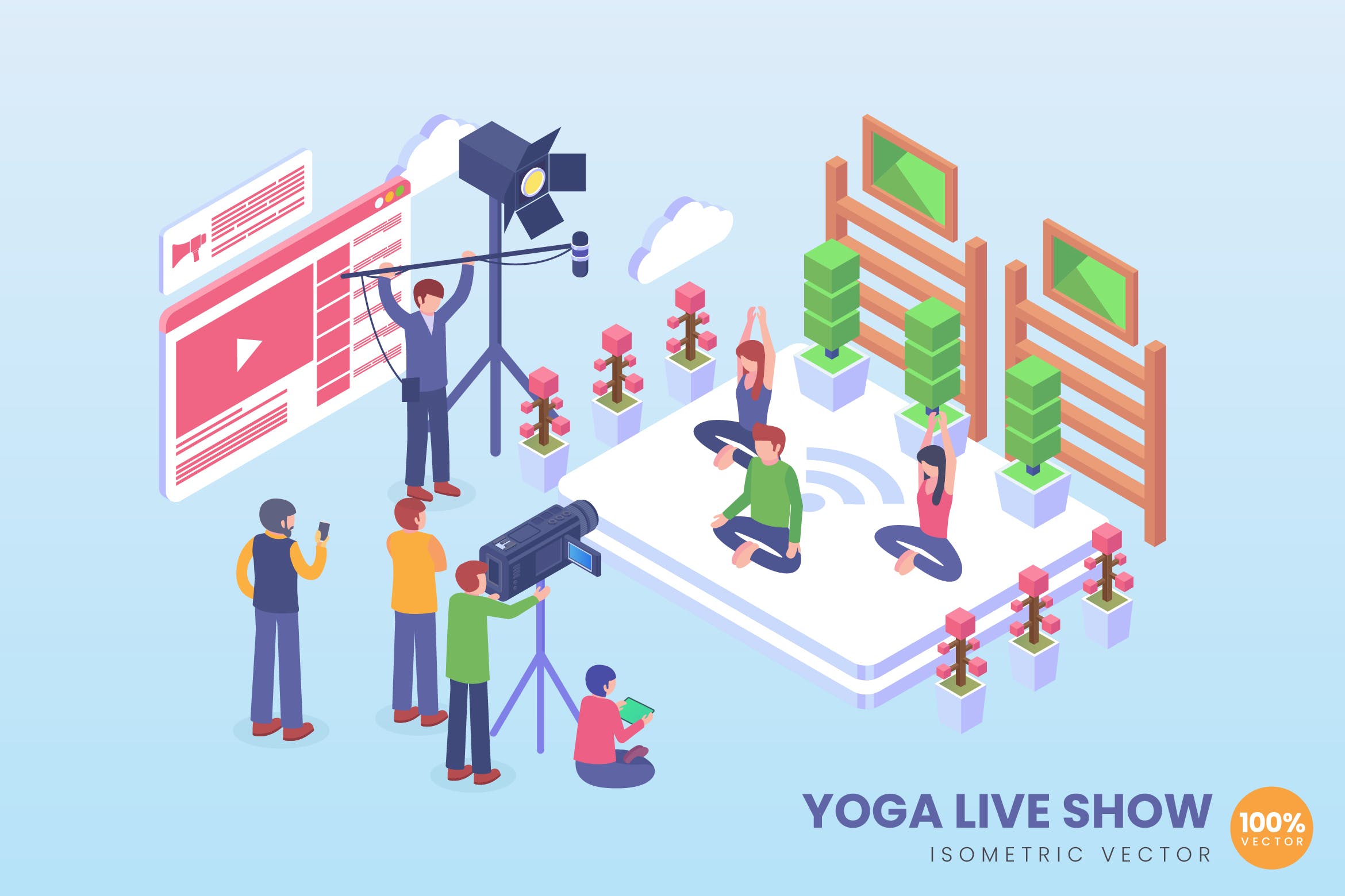 瑜伽现场表演场景等距矢量概念插画 Isometric Yoga Live Show Vector Concept插图