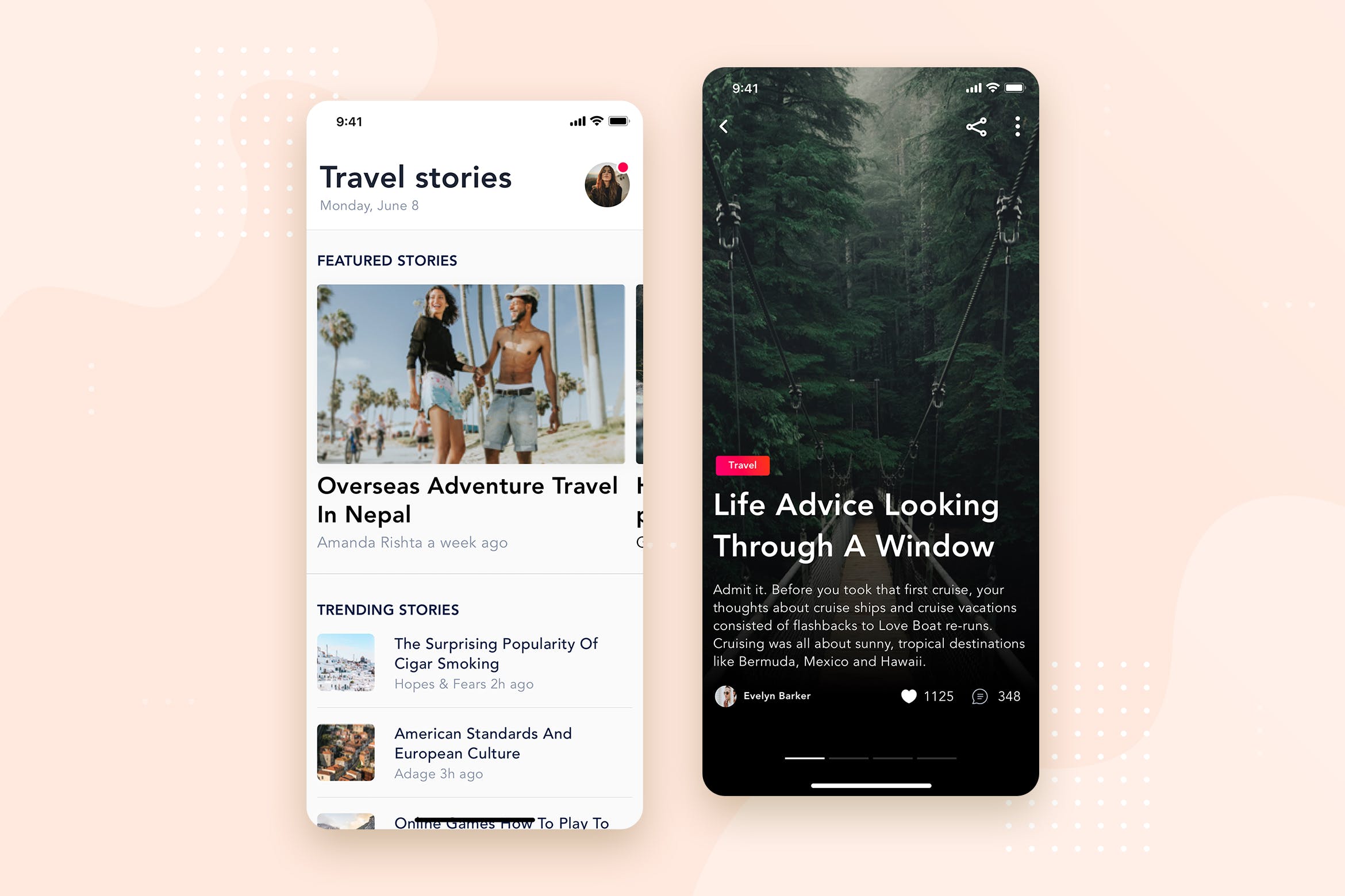社交APP应用文章列表&详情界面设计模板v1 Social – Articles Mobile Interface Concept插图