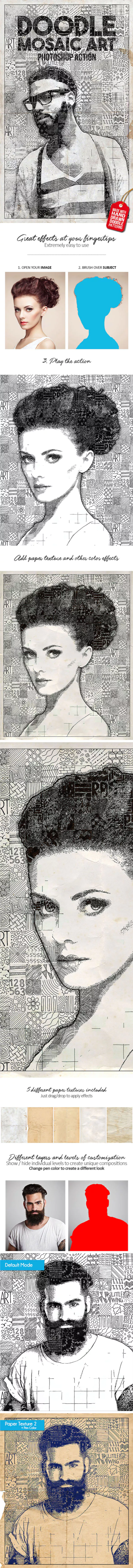 复古怀旧铅笔涂鸦马赛克艺术Photoshop动作下载 Doodle Mosalc Art插图