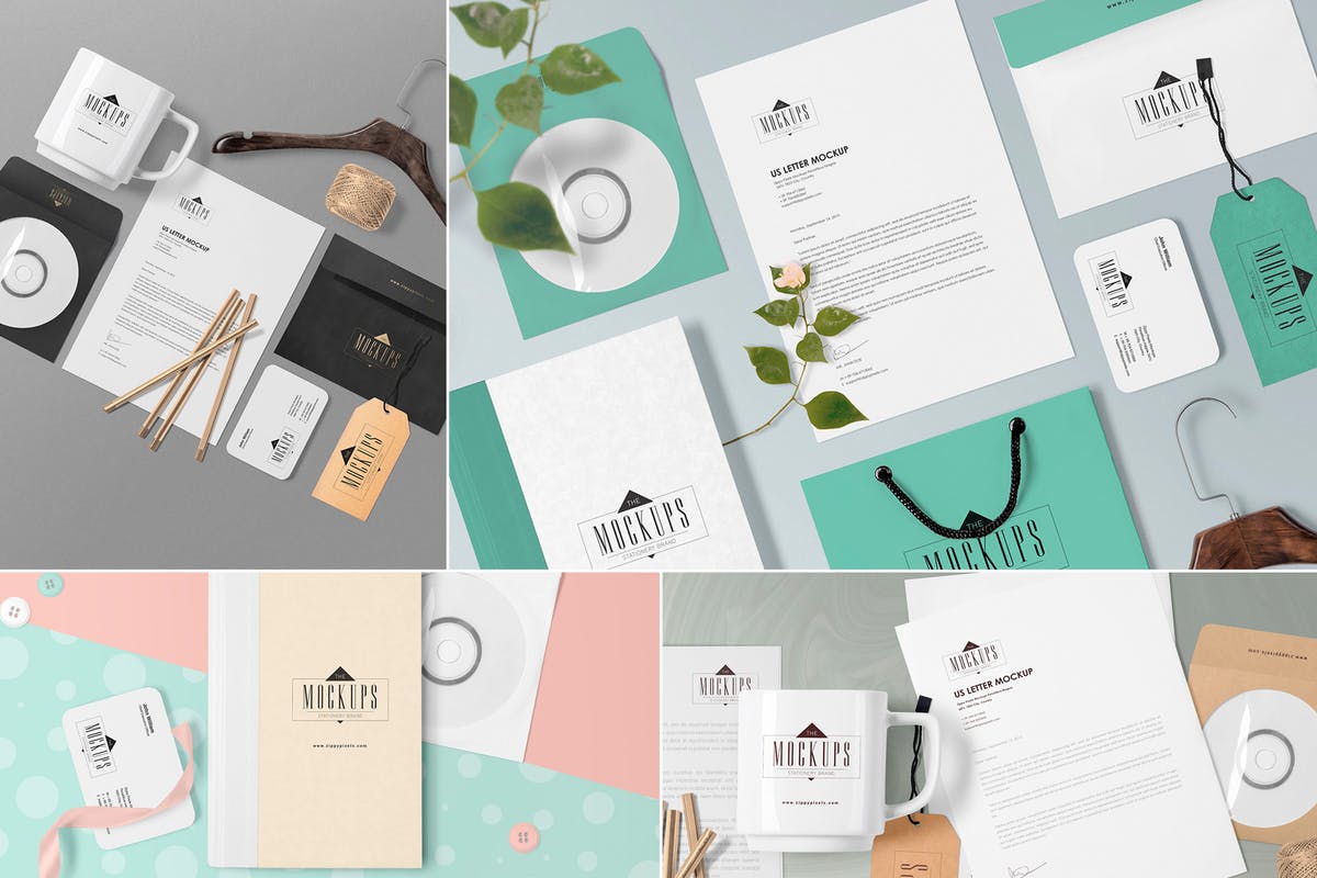 4款企业品牌展示办公用品套装样机模板 4 Stationery Mockups Scenes插图