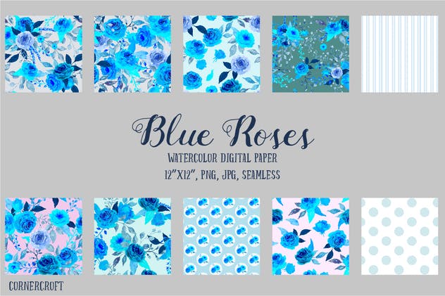 蓝玫瑰水彩花卉无缝图案合集 Watercolor Pattern Blue Rose插图(1)