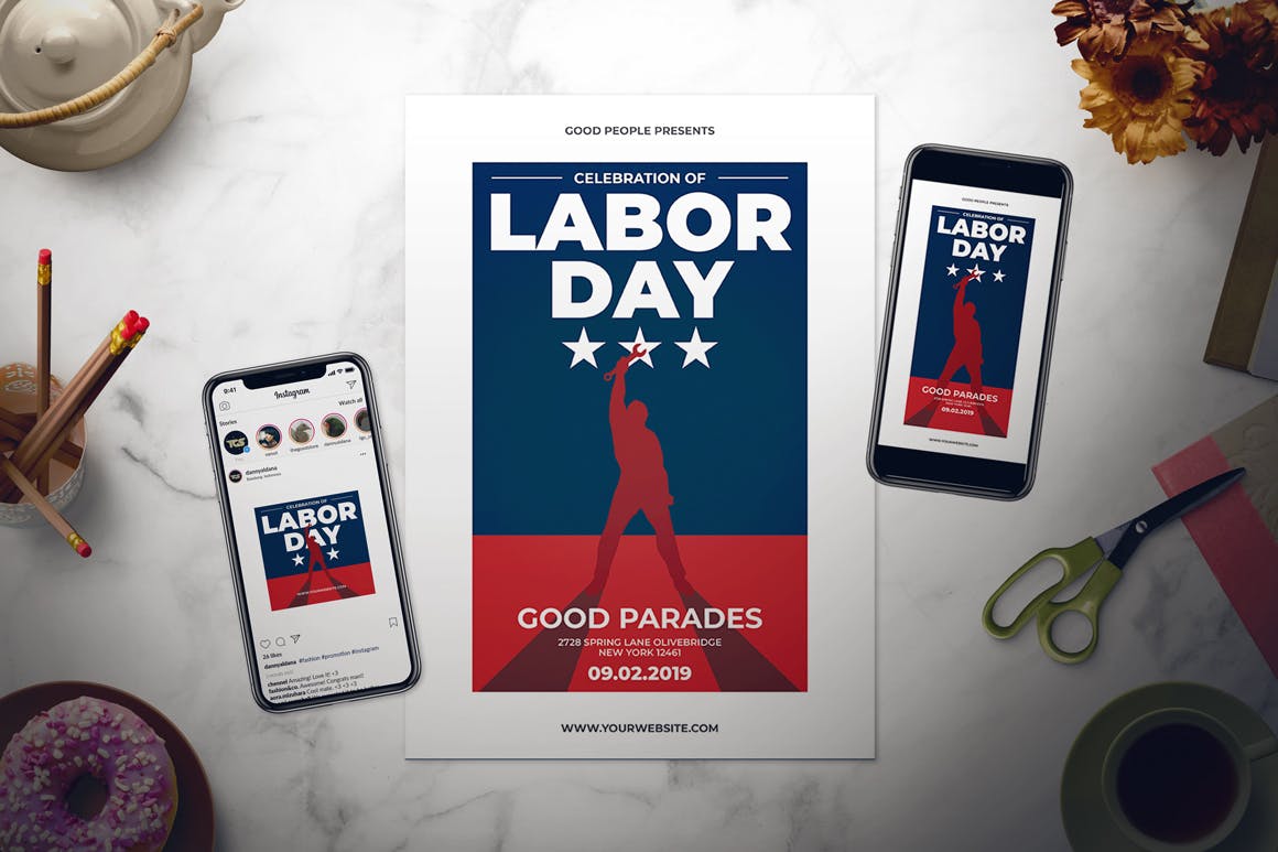 美国劳工节庆祝活动海报传单设计模板 Labor Day Celebration Flyer Set插图(1)