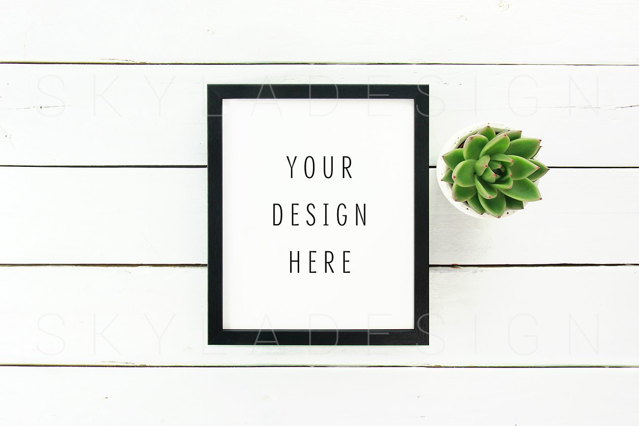 黑色实木框画框相框样机 Black picture frame mockup flatlay插图