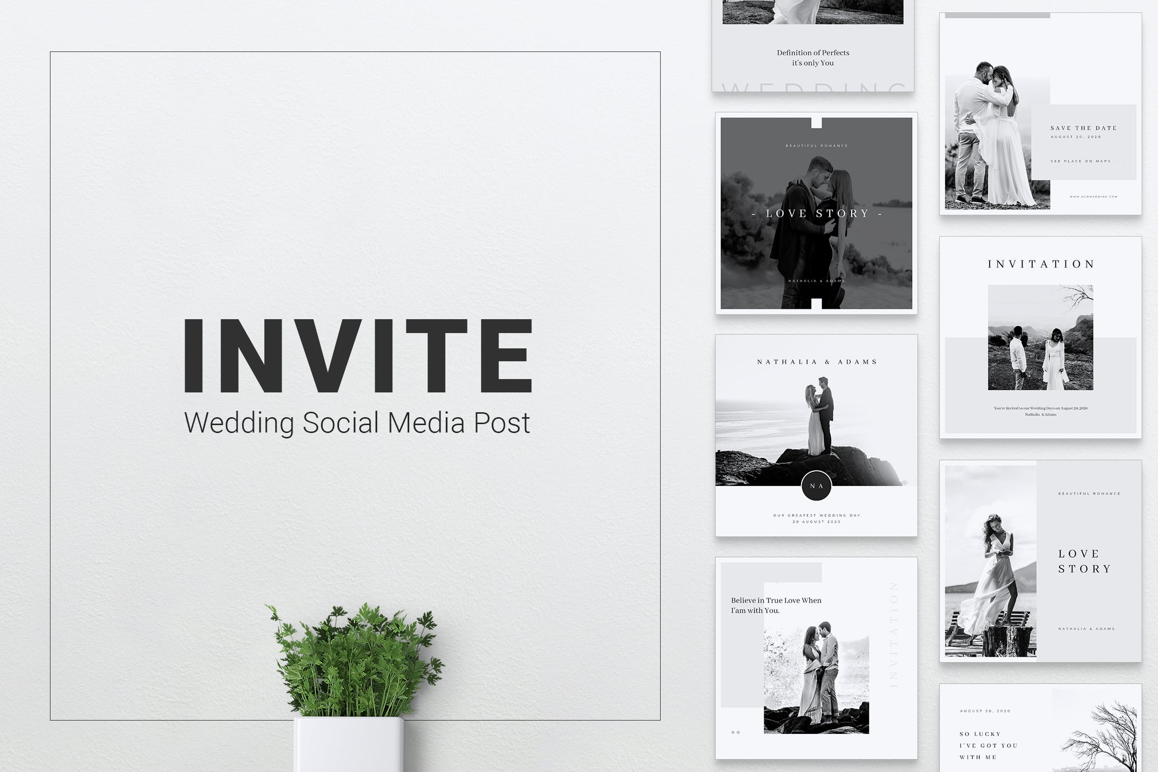 Instagram和Facebook社交平台电子婚礼邀请函/婚礼请柬设计模板素材库精选 INVITE Wedding Instagram & Facebook Post插图