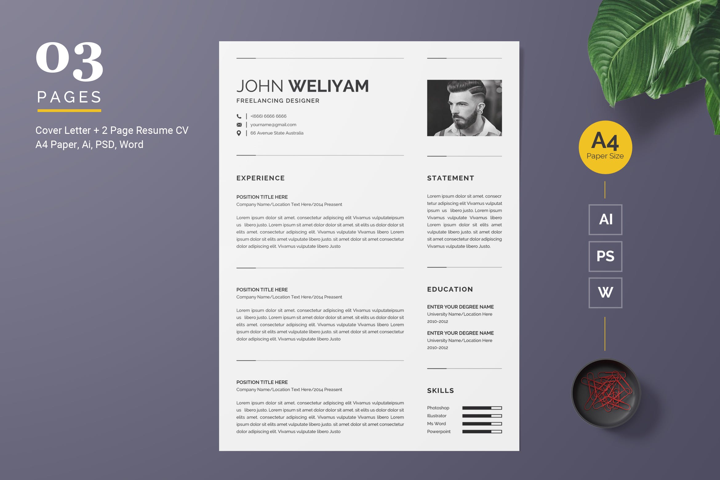 方形大头贴照片现代简约履历表版式设计模板 Professional and Clean Resume Template插图