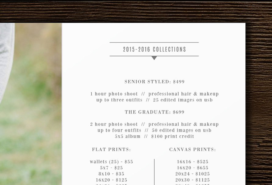 摄影室作品宣传折页模板素材  Senior Photographer Price List插图(1)
