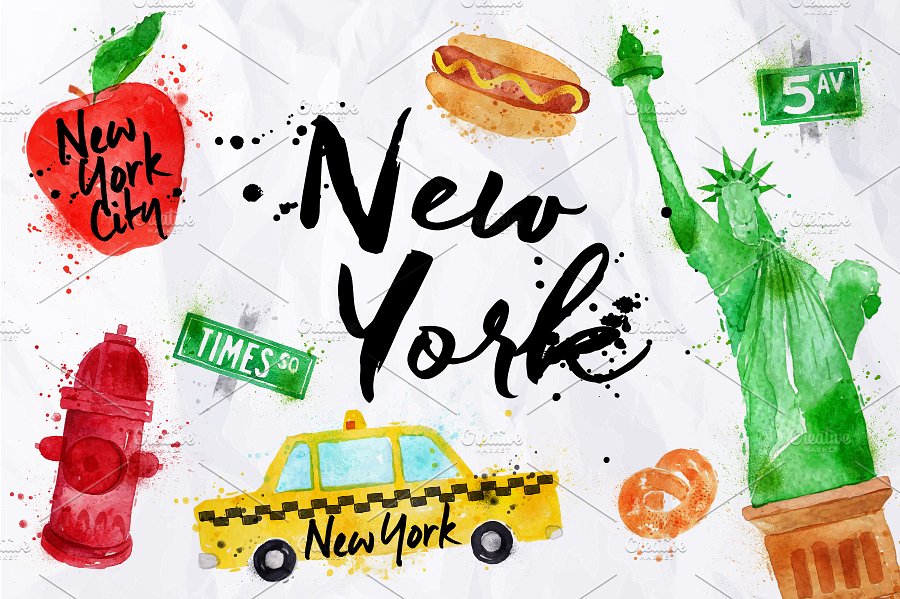 美国纽约特征标志插画 New York Symbols插图