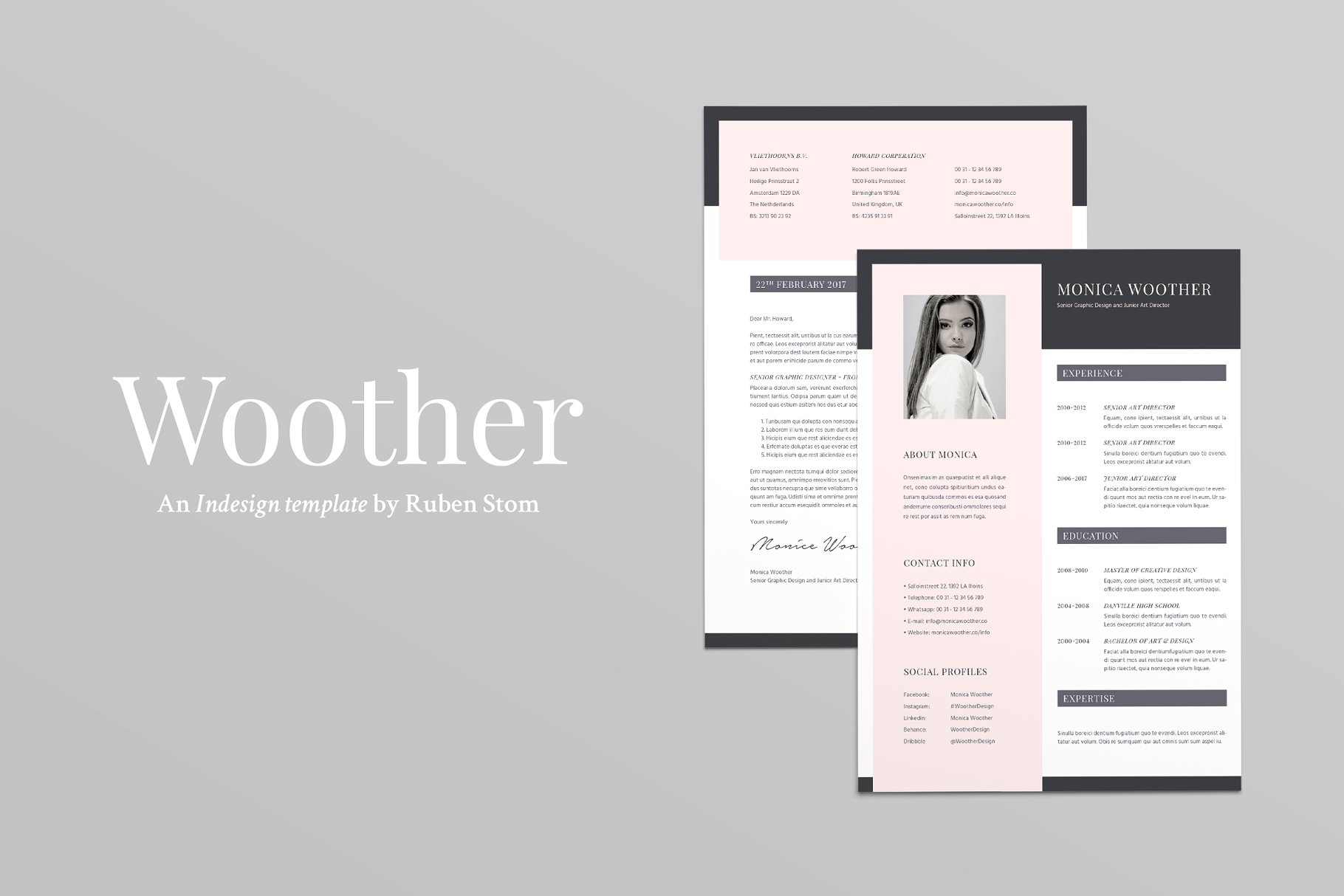 时尚专业的简历和求职信模板 Woother Resume Template插图