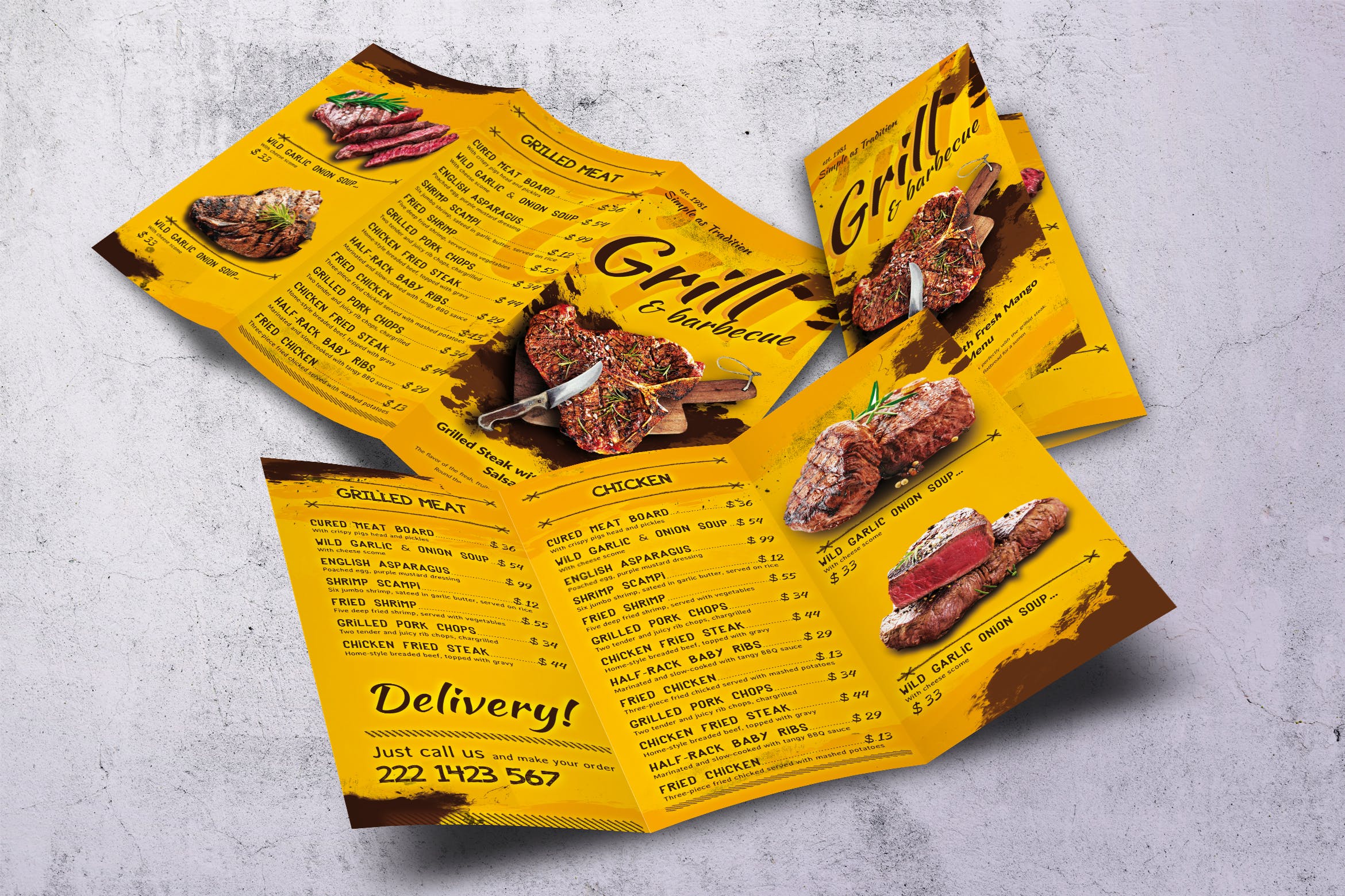 A4&美国信纸规格三折页BBQ烧烤店素材库精选菜单模板 Barbecue Trifold A4 & US Letter Food Menu插图