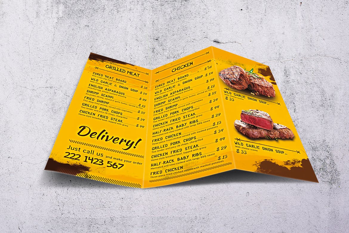 A4&美国信纸规格三折页BBQ烧烤店素材库精选菜单模板 Barbecue Trifold A4 & US Letter Food Menu插图(2)