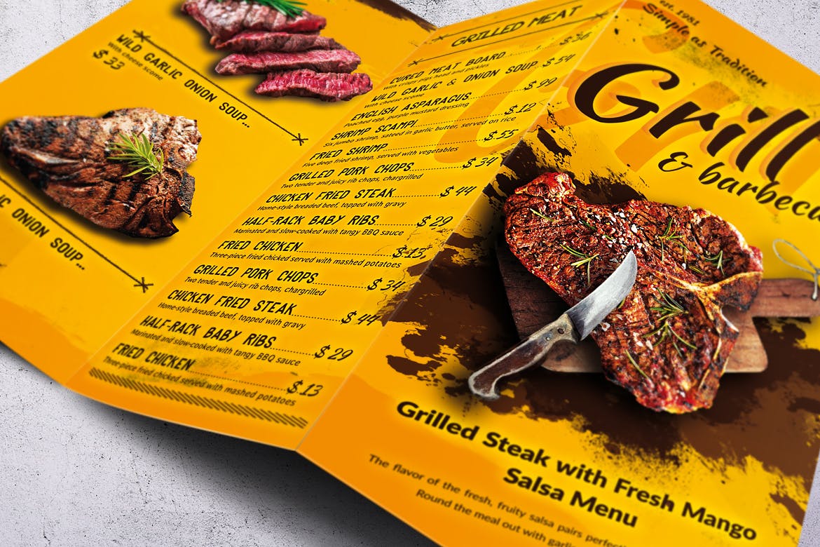 A4&美国信纸规格三折页BBQ烧烤店素材库精选菜单模板 Barbecue Trifold A4 & US Letter Food Menu插图(4)
