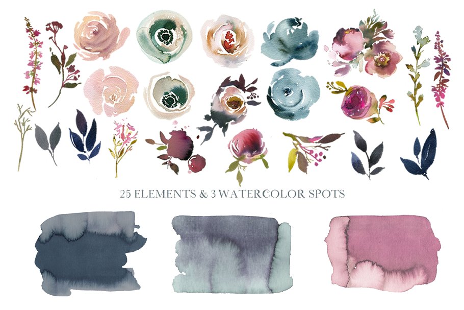 暗蓝色&薄雾玫瑰波希米亚式水彩花卉 Dusk Blue & Misty Rose Boho Flowers插图(8)